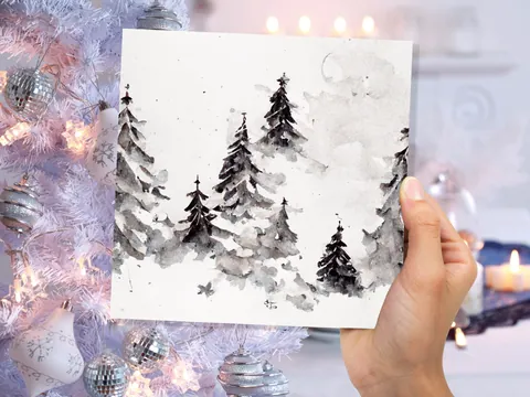 Simple Watercolour Pine Tree Card Snowy Trees Scene White Snow Winter Landscape Painting Family Friends Christmas 2026 Minimal Snowy Scenery - View 3