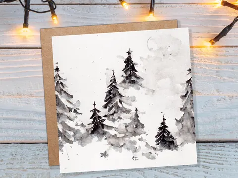 Simple Watercolour Pine Tree Card Snowy Trees Scene White Snow Winter Landscape Painting Family Friends Christmas 2026 Minimal Snowy Scenery