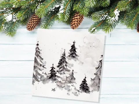 Simple Watercolour Pine Tree Card Snowy Trees Scene White Snow Winter Landscape Painting Family Friends Christmas 2026 Minimal Snowy Scenery - View 4