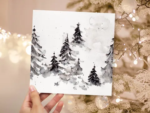 Simple Watercolour Pine Tree Card Snowy Trees Scene White Snow Winter Landscape Painting Family Friends Christmas 2026 Minimal Snowy Scenery - View 2