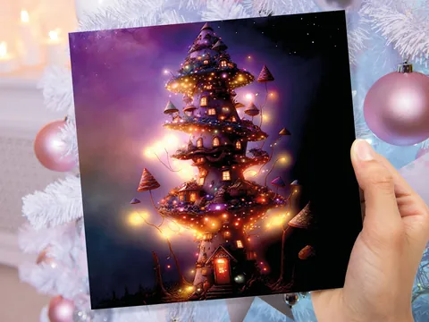 Purple Mushroom Tree House Card