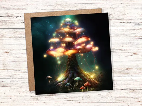 Teal and Gold Mushroom Tree Card