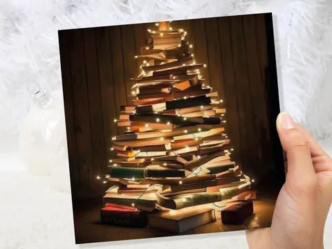 Book Lovers Christmas Tree Card and Fairy Lights Unique Cards for Bookworms Stack of Books Golden Greetings For Family Friends Xmas 2026 - View 2