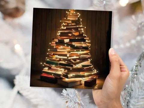 Book Lovers Christmas Tree Card and Fairy Lights Unique Cards for Bookworms Stack of Books Golden Greetings For Family Friends Xmas 2026 - View 4
