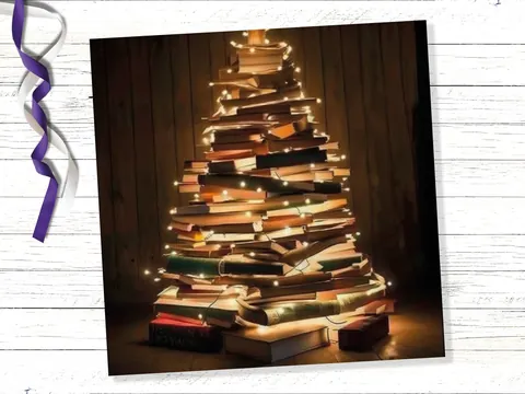 Book Lovers Christmas Tree Card and Fairy Lights Unique Cards for Bookworms Stack of Books Golden Greetings For Family Friends Xmas 2026 - View 6