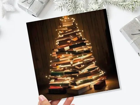 Book Lovers Christmas Tree Card and Fairy Lights Unique Cards for Bookworms Stack of Books Golden Greetings For Family Friends Xmas 2026 - View 9