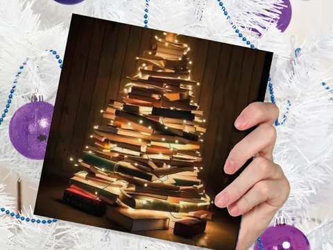 Book Lovers Christmas Tree Card and Fairy Lights Unique Cards for Bookworms Stack of Books Golden Greetings For Family Friends Xmas 2026 - View 5
