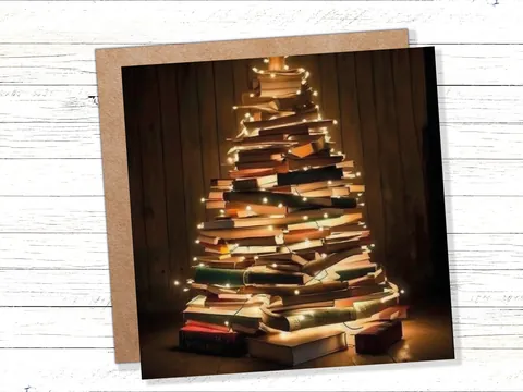 Book Lovers Christmas Tree Card and Fairy Lights Unique Cards for Bookworms Stack of Books Golden Greetings For Family Friends Xmas 2026