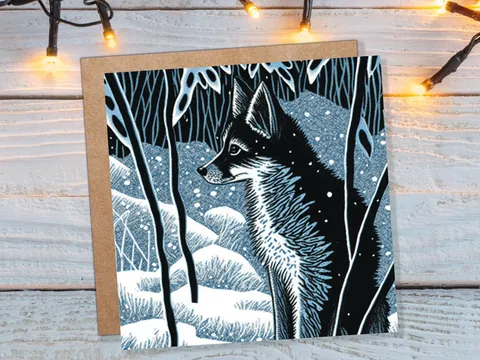 Winter Fox Greeting Card Linocut Forest Illustration Blue White Black Snowy Scene Landscape Greeting For Family Friends Christmas Thank You