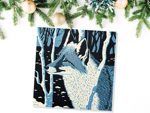 Fox Cards Winter Linocut Snowy Woodland Illustration Blue White Black Snow Scene Landscape Greetings For Family Friends Xmas 2026 Thank You - View 9