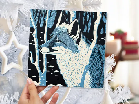 Fox Cards Winter Linocut Snowy Woodland Illustration Blue White Black Snow Scene Landscape Greetings For Family Friends Xmas 2026 Thank You - View 7