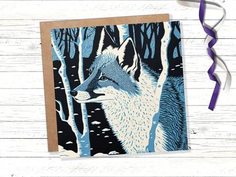 Fox Cards Winter Linocut Snowy Woodland Illustration Blue White Black Snow Scene Landscape Greetings For Family Friends Xmas 2026 Thank You - View 3