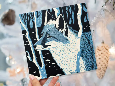 Fox Cards Winter Linocut Snowy Woodland Illustration Blue White Black Snow Scene Landscape Greetings For Family Friends Xmas 2026 Thank You - View 4