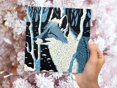 Fox Cards Winter Linocut Snowy Woodland Illustration Blue White Black Snow Scene Landscape Greetings For Family Friends Xmas 2026 Thank You - View 5