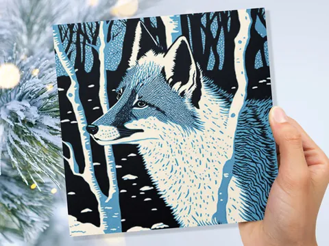 Fox Cards Winter Linocut Snowy Woodland Illustration Blue White Black Snow Scene Landscape Greetings For Family Friends Xmas 2026 Thank You