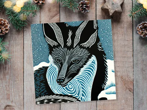 Linocut Fox Portrait Card – Blue Snow - View 6
