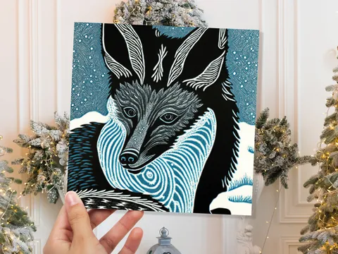 Linocut Fox Portrait Card – Blue Snow - View 3