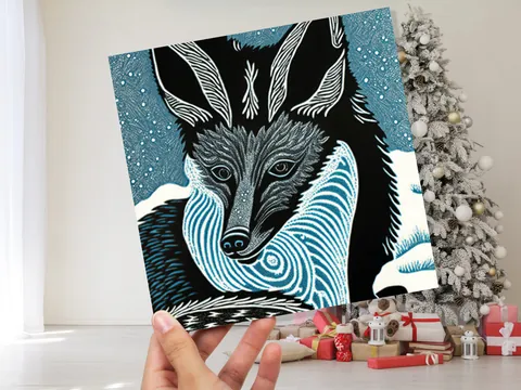 Linocut Fox Portrait Card – Blue Snow - View 9