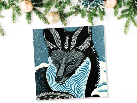 Linocut Fox Portrait Card – Blue Snow - View 5