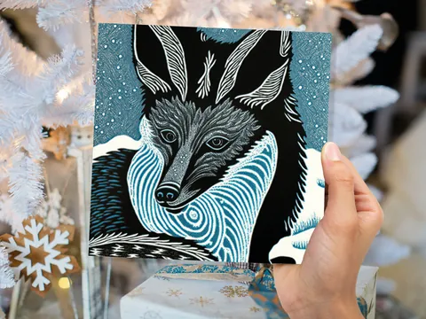 Linocut Fox Portrait Card – Blue Snow - View 4