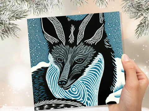 Linocut Fox Portrait Card – Blue Snow - View 7