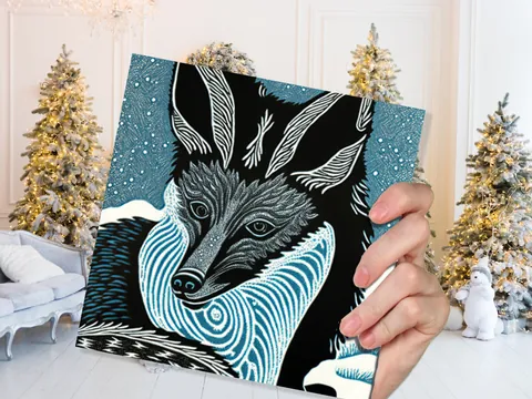 Linocut Fox Portrait Card – Blue Snow - View 2