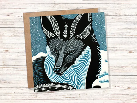 Linocut Fox Portrait Card – Blue Snow