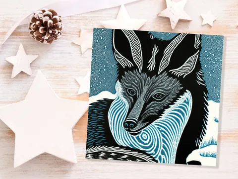 Linocut Fox Portrait Card – Blue Snow - View 8