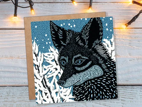 Linocut Fox Card – Snowy Close-Up - View 3