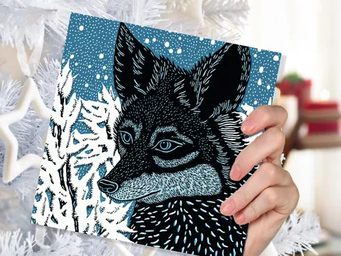 Linocut Fox Card – Snowy Close-Up