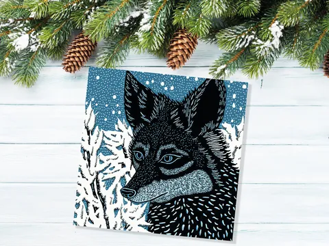 Linocut Fox Card – Snowy Close-Up - View 2