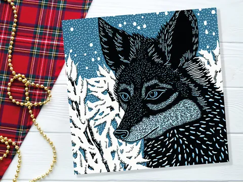 Linocut Fox Card – Snowy Close-Up - View 6