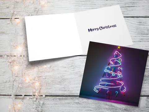 Neon Christmas Card Tree 80s Glowing Lights Tube Lighting Y2K Bright Colours Colourful Pink Purple Modern Cards For Family Friends Xmas 2026 - View 10