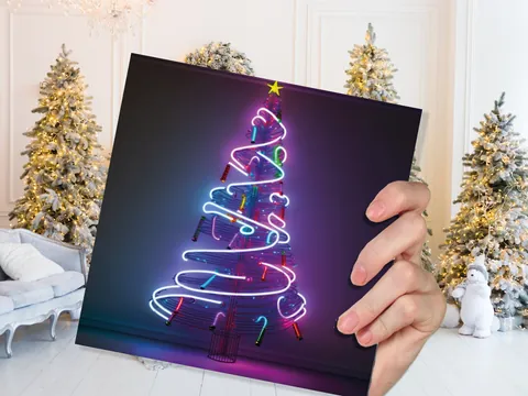 Neon Christmas Card Tree 80s Glowing Lights Tube Lighting Y2K Bright Colours Colourful Pink Purple Modern Cards For Family Friends Xmas 2026 - View 5