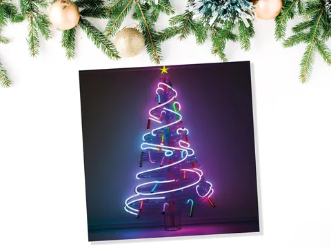 Neon Christmas Card Tree 80s Glowing Lights Tube Lighting Y2K Bright Colours Colourful Pink Purple Modern Cards For Family Friends Xmas 2026 - View 6