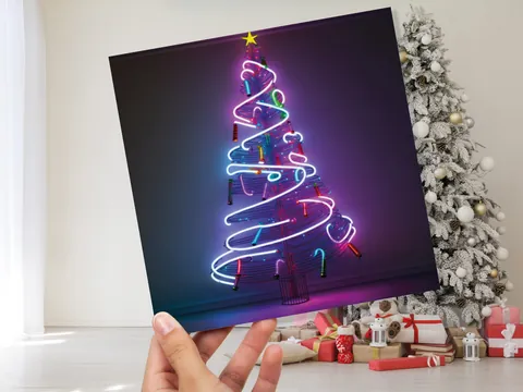 Neon Christmas Card Tree 80s Glowing Lights Tube Lighting Y2K Bright Colours Colourful Pink Purple Modern Cards For Family Friends Xmas 2026 - View 9