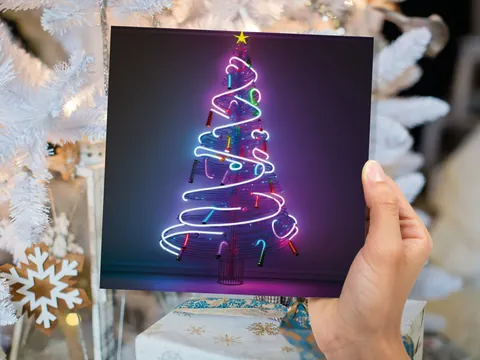 Neon Christmas Card Tree 80s Glowing Lights Tube Lighting Y2K Bright Colours Colourful Pink Purple Modern Cards For Family Friends Xmas 2026 - View 4