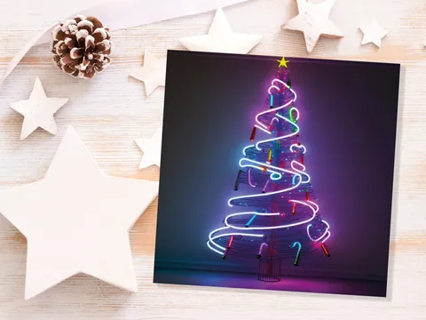Neon Christmas Card Tree 80s Glowing Lights Tube Lighting Y2K Bright Colours Colourful Pink Purple Modern Cards For Family Friends Xmas 2026 - View 8