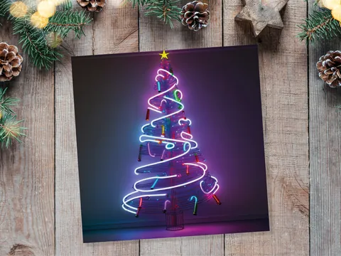 Neon Christmas Card Tree 80s Glowing Lights Tube Lighting Y2K Bright Colours Colourful Pink Purple Modern Cards For Family Friends Xmas 2026 - View 7