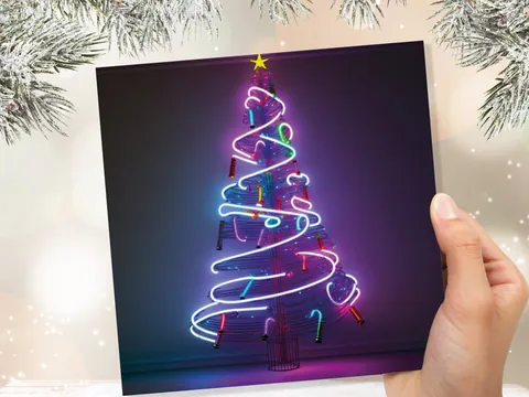 Neon Christmas Card Tree 80s Glowing Lights Tube Lighting Y2K Bright Colours Colourful Pink Purple Modern Cards For Family Friends Xmas 2026