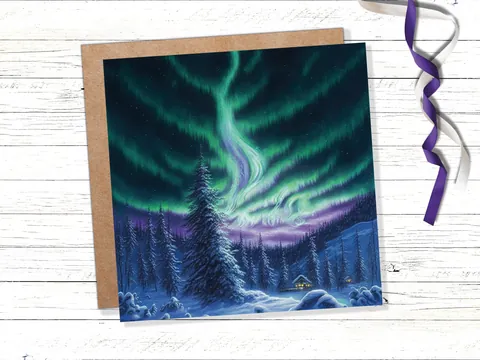 Northern Lights Card – Forest Cabin