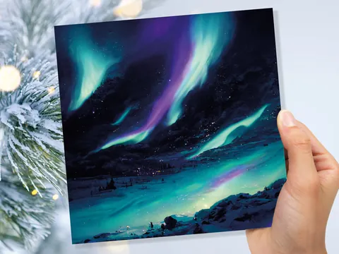 Polar Lights Card Aurora Borealis Glowing Ski Slopes Snowy Scenery Glittering Snow Northern Sky Cards For Family Friends Xmas 2026 Thank You