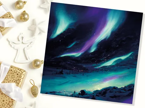 Polar Lights Card Aurora Borealis Glowing Ski Slopes Snowy Scenery Glittering Snow Northern Sky Cards For Family Friends Xmas 2026 Thank You - View 5