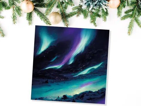 Polar Lights Card Aurora Borealis Glowing Ski Slopes Snowy Scenery Glittering Snow Northern Sky Cards For Family Friends Xmas 2026 Thank You - View 3