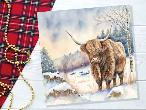 Highland Cow Cards Watercolour Winter Snow Scene Scottish Highlands Scenery Landscape Painting Cards Xmas 2026 Greetings Thank you Hairy Coo