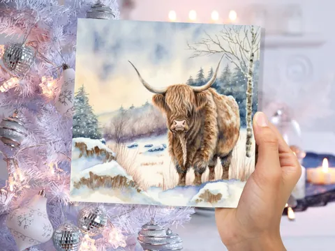 Highland Cow Cards Watercolour Winter Snow Scene Scottish Highlands Scenery Landscape Painting Cards Xmas 2026 Greetings Thank you Hairy Coo - View 4