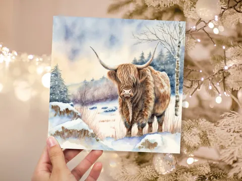 Highland Cow Cards Watercolour Winter Snow Scene Scottish Highlands Scenery Landscape Painting Cards Xmas 2026 Greetings Thank you Hairy Coo - View 3