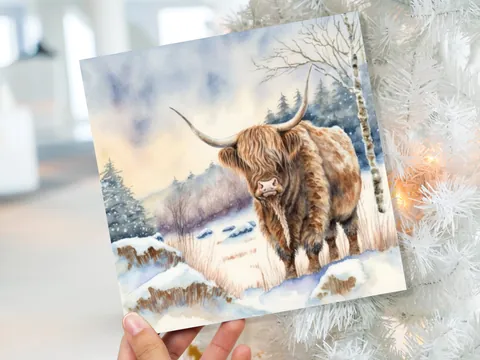 Highland Cow Cards Watercolour Winter Snow Scene Scottish Highlands Scenery Landscape Painting Cards Xmas 2026 Greetings Thank you Hairy Coo - View 9