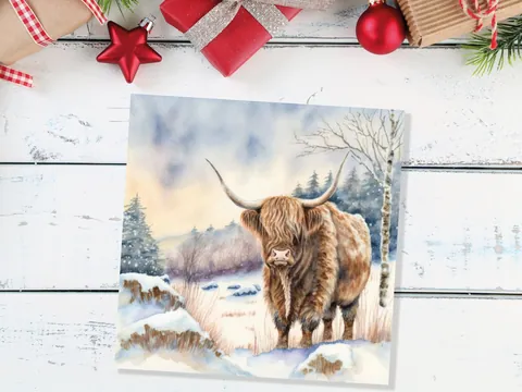 Highland Cow Cards Watercolour Winter Snow Scene Scottish Highlands Scenery Landscape Painting Cards Xmas 2026 Greetings Thank you Hairy Coo - View 8
