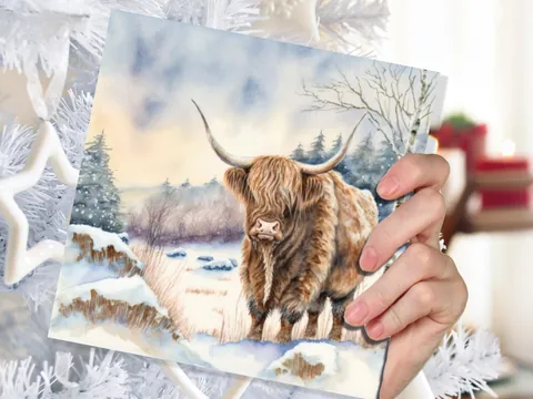 Highland Cow Cards Watercolour Winter Snow Scene Scottish Highlands Scenery Landscape Painting Cards Xmas 2026 Greetings Thank you Hairy Coo - View 6